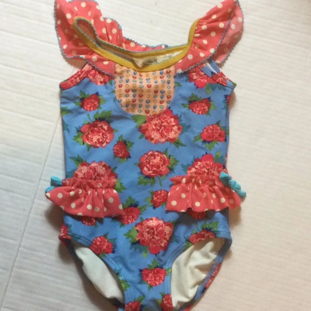 Matilda Jane Blue Floral One-Piece Swimsuit with Coral Ruffles and Yellow Trim